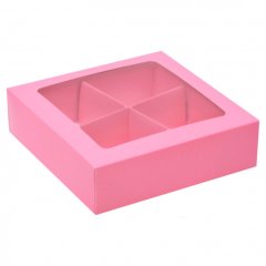 Коробка на 4 конфеты с окошком Розовая 12,6х12,6х3,5 см КУ-220 