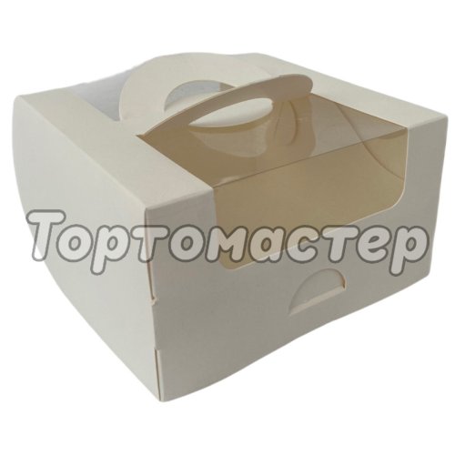Коробка для бенто-торта с окном и ручкой Белая 14х14х8 см КУ-445   КУ-00445