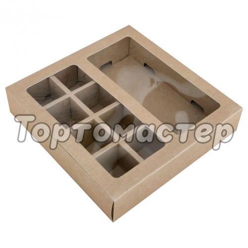 Коробка на 8 конфет и плитку шоколада с окошком Крафт 17,5х17,5х4 см 5 шт КУ-298, 00316