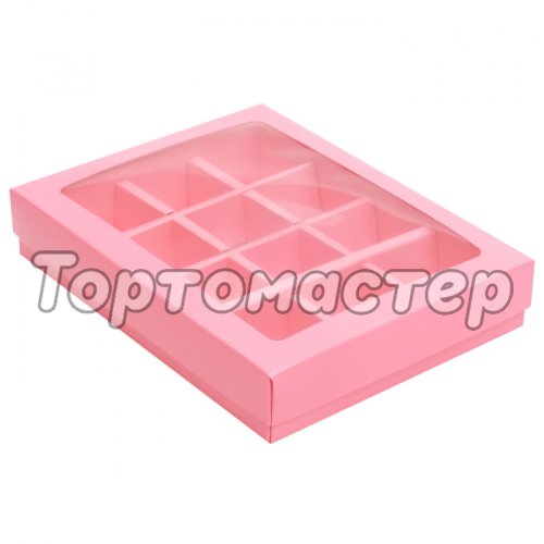 Коробка на 12 конфет с окошком Розовая 19х15х3,6 см
