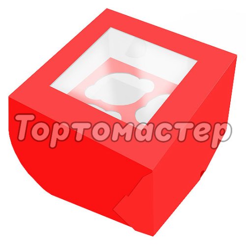 Коробка на 4 капкейка с окошком Красная 16х16х10 см 5 шт