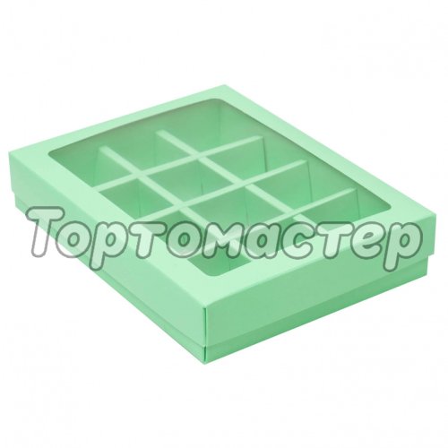 Коробка на 12 конфет с окошком Зелёная 19х15х3,6 см 5 шт