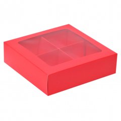 Коробка на 4 конфеты с окошком Красная 12,6х12,6х3,5 см 5 шт КУ-022