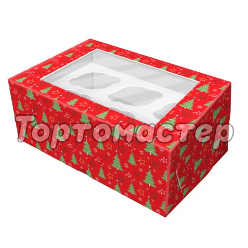 Коробка на 6 капкейков с окошком "Ёлочки" 25х15х7 см