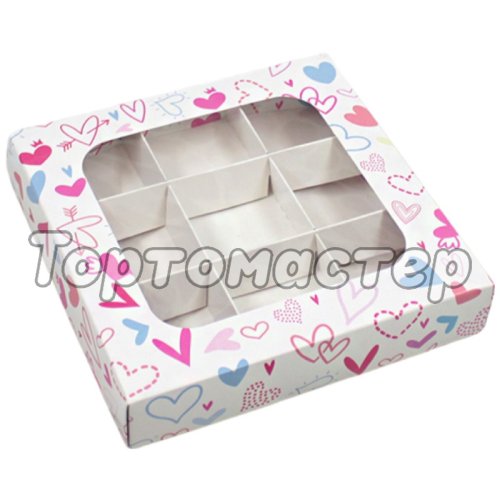 Коробка на 9 конфет с окошком Сердечки 15х15х3 см УПП-16-со-Валентинка