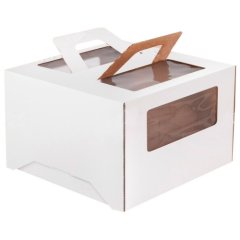 Коробка для торта с маленьким окном и ручкой Белая 24х24х20 см