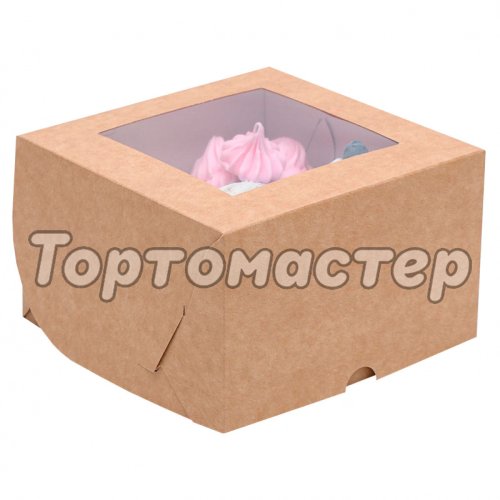 Коробка на 4 капкейка с окошком Крафт 16х16х10 см