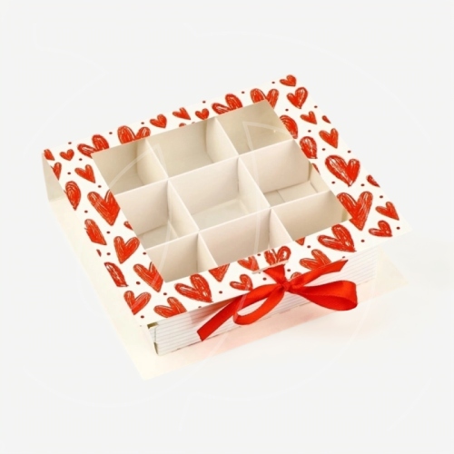 Коробка на 9 конфет с окном "Сердечки" 14,5х13,5х3,5 см 10531967