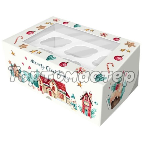 Коробка на 6 капкейков с окошком С Рождеством! 25х17х10 см