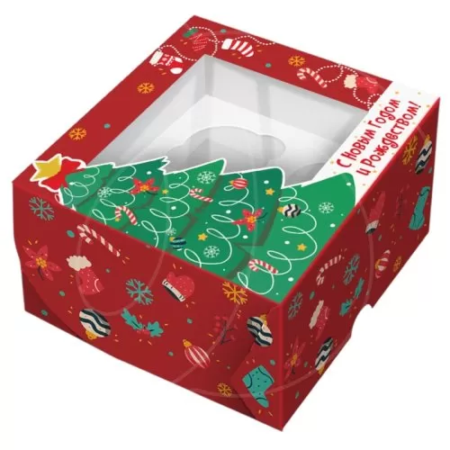 Коробка на 4 капкейка с окном "Праздничная ель" КУ-825, 10686385