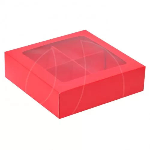 Коробка на 4 конфеты с окном красная 12,6х12,6х3,5 см КУ-022