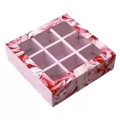 Коробка на 9 конфет с окном "Пионы" 13,8х13,8х3,8 см КУ-354