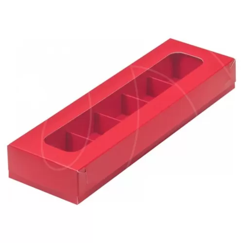 Коробка на 5 конфет с окном красная 21х5х3,3 см КУ-00129, КУ-129